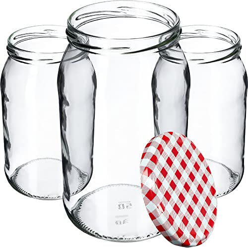 KADAX Lot de 8 bocaux de conservation en verre pour couvercle à visser - 900 ml - Utilisable comme pot à confiture - Bocaux de conservation - Rouge à carreaux, K5198