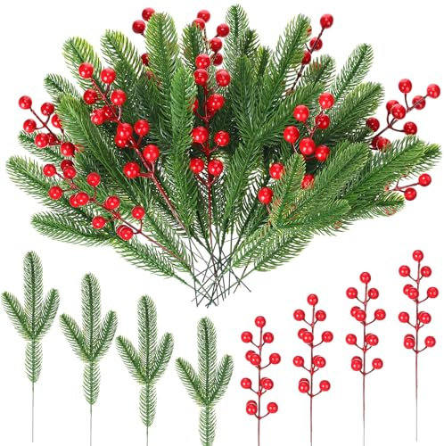 Ceenna Künstliche Tannennadeln, Zweige, rote Beerenstiele, künstliche Grünkiefern-Plektren, Weihnachts-Stechpalme, rote Beeren, Picks für DIY-Kranz, Girlande, Weihnachtsbaumdekoration, Handwerk