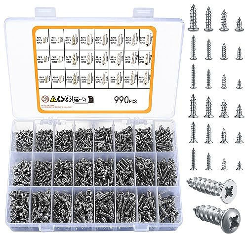 Zxglxinyao 990pcs Self Tapping Screws Assortment Set, M3/M4/M5/M6 Stainless Steel Sheet Metal Screws, Phillips Drive Wood ScrewsSet for Deck Drywall Concrete Screws(500pcs Flat Head, 490pcs Round Hea)