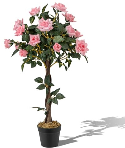 COSTWAY 93 cm konstträd med blommor, konstgjort blomträd, konstgjord växt i kruka, rosenträd med 21 tallrosor och naturlig stam, konstgjord blomma för hem, kontor, krukväxt