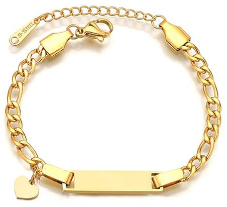 JewelryWe Personalisiert Armband Kinder Figarokette: Gold Edelstahl Hochglanz Poliert Herz Figaro Kette Kinderarmband Babyarmband Armkette mit Gravur für Junge Mädchen Baby