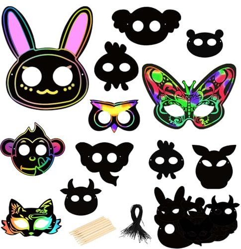 LAMEK 24 Stück Kratzbilder Maske Kinder Kratzpapier Tiermasken Bastelset DIY Kratzmasken zum Basteln Party Mitgebsel Geschenk mit Design Hasen Schmetterling für Karneval Ostern Halloween