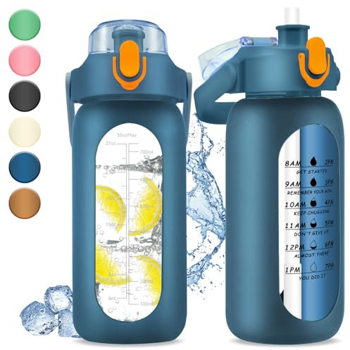 1 Liter Glas-Wasserflasche mit Zeitmarkierung - 1000ml große Sport-Motivations-Wasserflaschen mit Griff & Silikonhülle, 1 Liter auslaufsichere Mess-Trinkflasche für Fitness Workout (Blau)