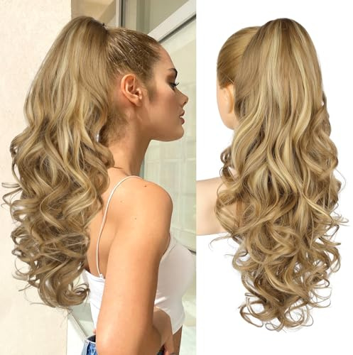 REECHO Ponytail Extension, 24 Claw Clip in Ponytail Extensions Long Curly Wavy Ponytail Hair Extension Jaw Clip on Pony Tails Hairpiece for Women - Medium Blonde with Blonde Highlights