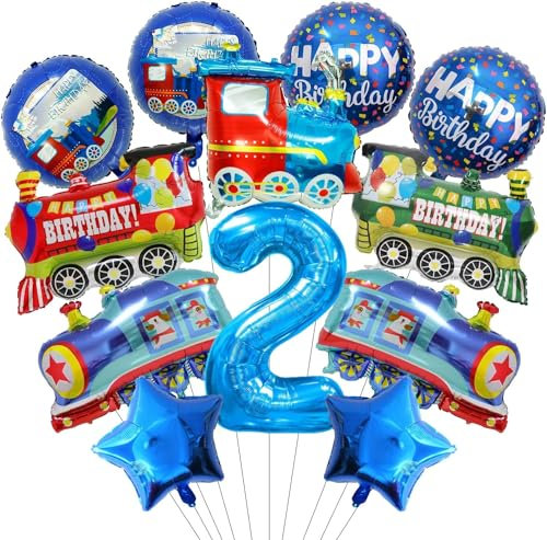 Zug Luftballons 2. Geburtstag Set - 12 Stück Folienballon, Helium Ballons Blau für Kinder Junge Geburtstagsdeko