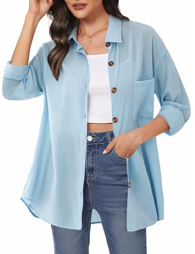 Womens Blouse Long Sleeve Shirt V Neck Shirts Tops Button Down Basic Loose Tunic T Shirts Sky Blue L