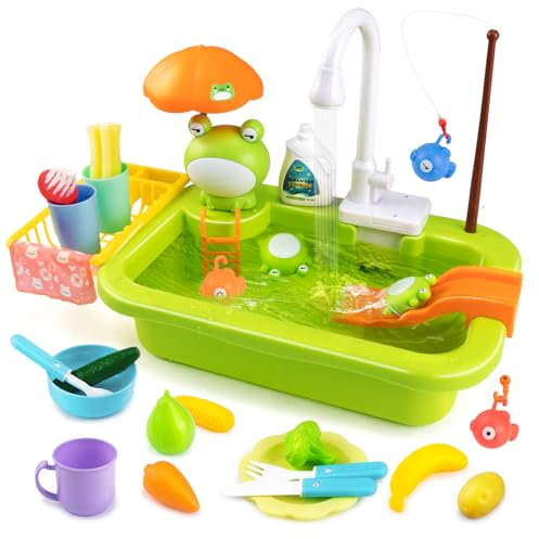 Play Sink with Running Water,Kids Sink Toy with Automatic Water Cycle System,Sink Fishing Game Toy with Food Kitchen Accessories,Kids Role Play Dress Up Dishwasher Toys for Boys and Girls Present