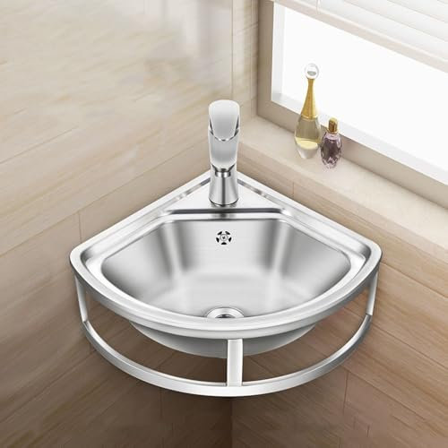 45x39 Lavabo in Inox ad Angolo, Lavabo a Parete, Piccolo Lavandini da Esterno con Scolapiatti e Rubinetto, Lavabo da Bagno con Troppopieno