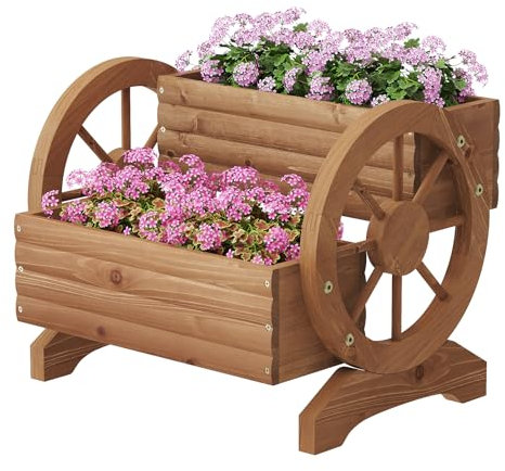 Dawnyard Wooden Flower Cart with Wheels, Rectangular Garden Planter, Brown, 18.5 x 16.5 x 15.2 Inches, 427.15 Cubic Inches, Outdoor Use