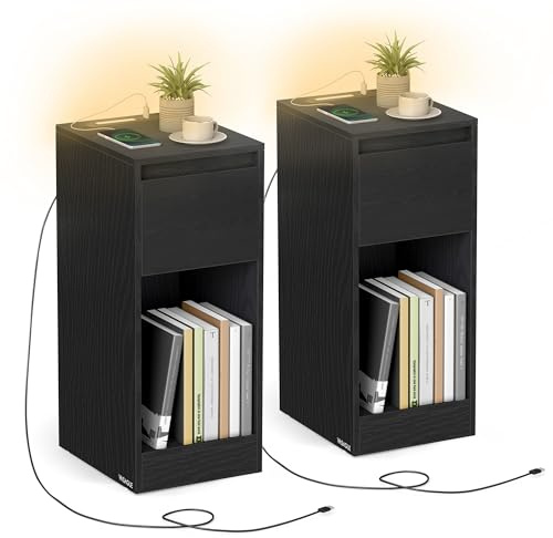 VASAGLE Slim Bedside Tables with Charging Station and LED Light, Set of 2 | Narrow Side End Tables, Set of 2, USB Ports, for Bedroom, Living Room, Ebony Black, KAILYN Collection LET710B01