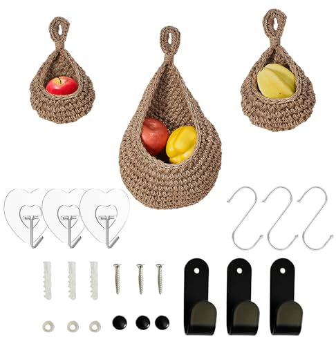Liwein 3 Stück Hängekorb Obstkorb, Hängekörbe Korb Geflochten Obstkorb Wand Hängekorb Aufbewahrungskörbe Aufbewahrungskorb für Küche Wohnen Schlafzimmer