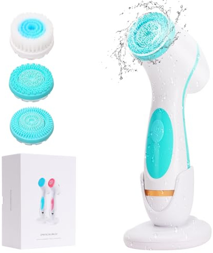 Facial Cleansing Brush, Waterproof Dual-Rotation Face Scrubber Exfoliator with 3 Brush Heads and 2 Adjustable Speeds, Rechargeable Exfoliating Face Brushes for Cleansing and Skin Care (Blue)