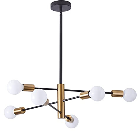 Araña moderna , Lámpara de araña de granja con 6 luces, acabado dorado y negro, lámpara colgante moderna, ajustable, plana/inclinada, globo de techo, iluminación colgante de cristal for cocina, isla,