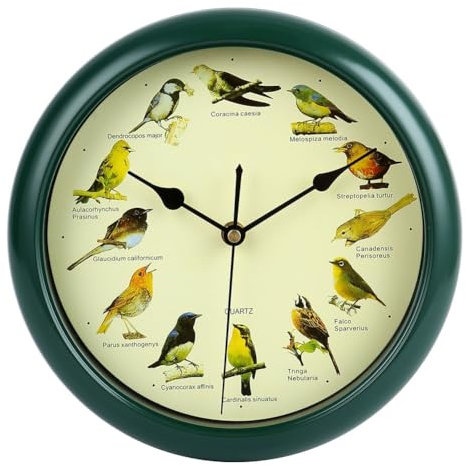 Mlthcig Bird Song Clock, Birdsong Clock, Novelty Chiming Wall Clocks, Vintage Birds Cuckoo Clocks with Sound UK, Animal Design Talking Bird Decorative Home, Gift for Birds Lovers(Green,10in)