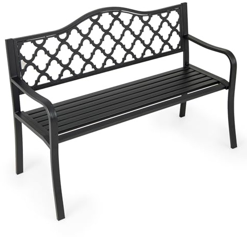 GOPLUS Banco de Jardín Exterior de Metal, Banco para 2-3 Personas con Respaldo Ergonómico y Reposabrazos Curvados, Asiento de Listones para Patio Terraza Piscina (Negro, 128 x 54 x 89 cm)