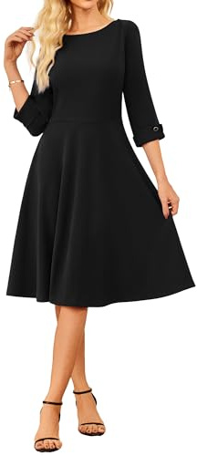 GRACE KARIN Robe de travail élégante pour femme, col bateau, manches 3/4, robe midi évasée, style A, pour cocktail, fête, Noir , XXL