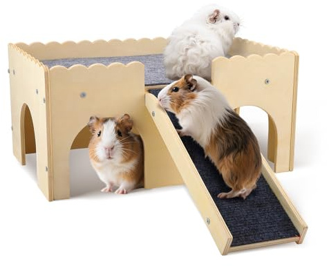 Neulriscn Wooden Guinea Pig House, Guinea Pig Hideout with Ramp, Small Animal Castle Habitat with Detachable Stair & Cushion for Hamster, Hedgehog, Rat, 4 Entrances, Hiding and Playing, 38 x 25 x 18cm