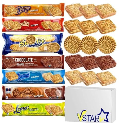Hills Creams Biscuits 150g – Pack of 7 Random Mixed Flavours - Orange, Digestive, Chocolate, Coconut, Plain Shorties & Chocolate Orange Creams