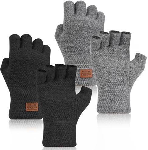 WinHoliLux 2 Pairs Fingerless Gloves for Men & Women, Winter Thickened Warm Mittens Thermal Knitted Half Finger Gloves for Outdoor Running Cycling Working Biking Driving (Black+Grey)