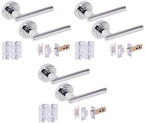 Hunta HANDLEZONE® 3 Sets Solus Internal Door Handles on Rose Lever Latch Packs, 76mm Latch, 75mm Ball Bearing Hinges - Polished Chrome