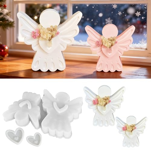CHIHOLEN - 3 stampi in silicone a forma di angelo, stampi in silicone per la creazione di candele natalizie a forma di angelo con cuore, stampi in gesso per la colata, stampo in silicone per candele a