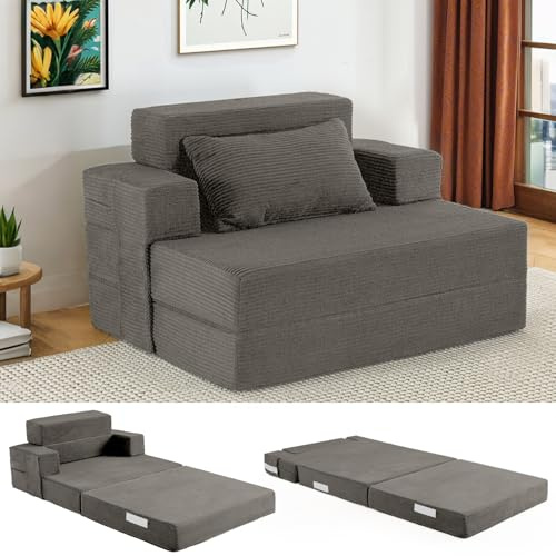 Fantico Folding Sofa Bed Single – Convertible Chair Bed with Pillow & Armrests, Foldable Futon Mattress with Back Support, Boneless Sofa Bed for Living Room and Bedroom, Dim Grey