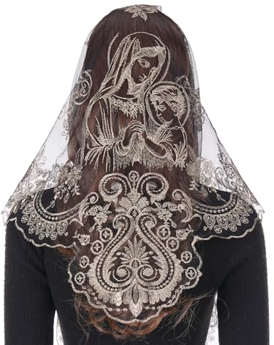 Bozidol Veils for Church Catholic, Triangle Black Gold Virgin Mary and Infant Jesus Embroidered Lace Mantilla Chapel Veil, Christian Religious Prayer Latin Mass Head Coverings for Women