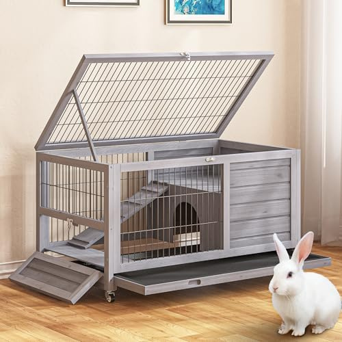 Rabbit Hutch Indoor/Outdoor with Wheels, 2 Story Wooden Bunny Cage Leak-Proof Trays & Easy Feed Support Rod, Large Guinea Pig House with Ramp, Pet Habitat for Small Animals (Grey)