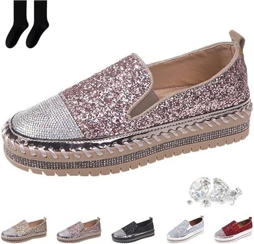 Mocasines de plataforma con diamantes de imitación para mujer, con lentejuelas brillantes, suela gruesa y puntera redonda, zapatillas brillantes para mujer, Pink, 44 EU