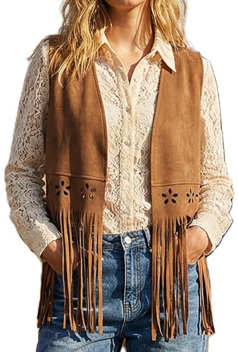 Edhomenn Womens Fringe Cowgirl Waistcoat Ladies Faux Suede Tassel Jacket Sleeveless Cowboy Vest Denim Gilet Western Hippie Outfit