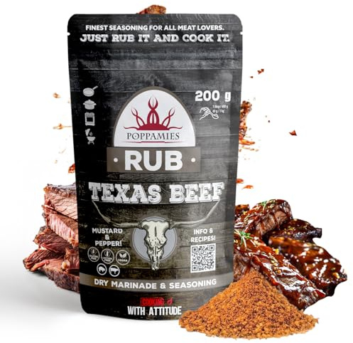 Poppamies Texas Beef BBQ Rub - 100% Natural BBQ Seasoning - Dry Marinade & Perfect Seasoning for Beef & Pork - Great in The Grill Oven Boiler - Perfectly Balanced Blend Of Spices - Large Pack (200g)