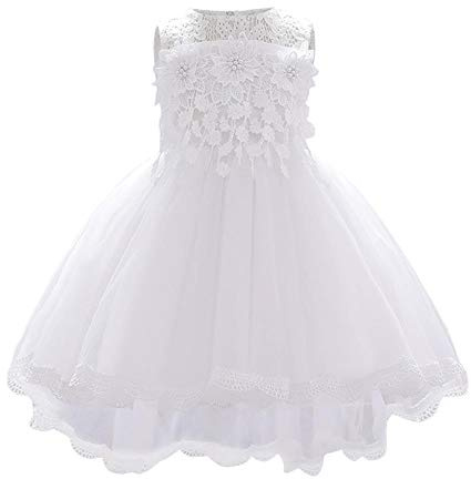 FYMNSI Nourrisson Bébé Filles Robe Dentelle Tutu Tulle Princesse Florale Soirée de Mariage Demoiselle d'honneur Robe de Baptême Fête Anniversaire sans Manches Vêtements d'été Blanc 18-24 Mois
