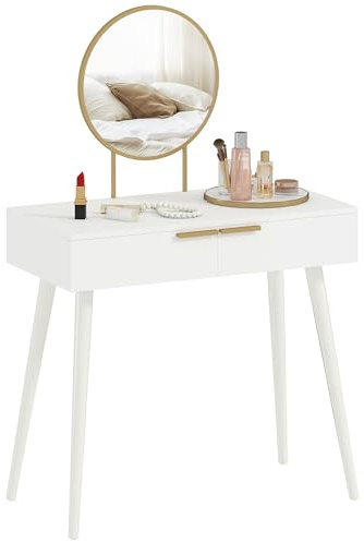 HOMCOM Modern Dressing Table with Round Mirror, Makeup Vanity Table with 2 Drawers for Bedroom, Living Room, 80 x 40 x 123 cm, White