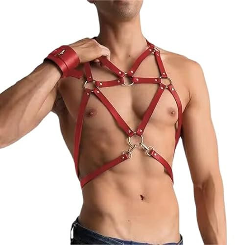 Herren PU Leder Punk Gothic Tanz Body Harness Sexy Verstellbarer Brustgurt Schulter Strapse Brustgurt für Karneval, rot, Einheitsgröße