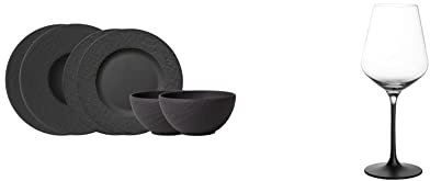 Villeroy & Boch - Manufacture Rock Starter-Set, 6 tlg., Premium Porzellan, Schwarz & Manufacture Rock, Weißweinglas-Set, 4 Stück (1er Pack), 380 ml, Kristallglas, Transparent/Schwarz