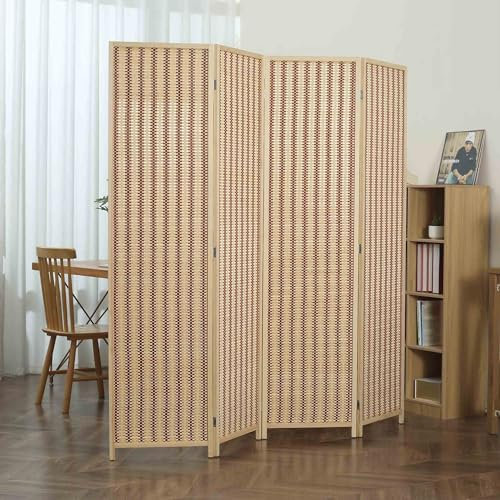 Makika Trennwand/Raumteiler Faltbar aus Holz/Bambus - Paravent Umkleide Sichtschutz Spanische Wand - 180 x 180 cm Raumtrenner 4 teilig Leinwand - Natur Braun