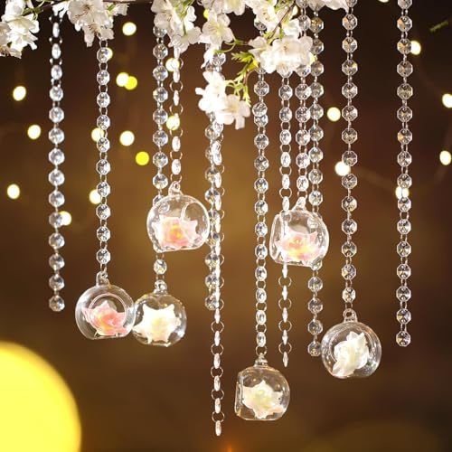Yoande 12 Sets Hanging Candle Holder Wedding Glass Globe with Acrylic Gems Bead Garland Hanging Tea Light Candle Holder Orbs Container for Flower Plant Micro Landscape DIY Party Tree Decor 2.36 Inch