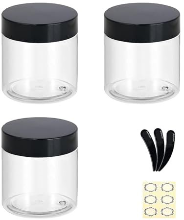 Apstaqeoo 3PCS 200ML Empty Plastic Jars With Black Lids, Clear Round Face Cream Jars Cosmetic Container Travel Storage Jar With Inner Liners for Body Scrub/Lotion/Powder/Ointment/Salves/Sample/Makeup