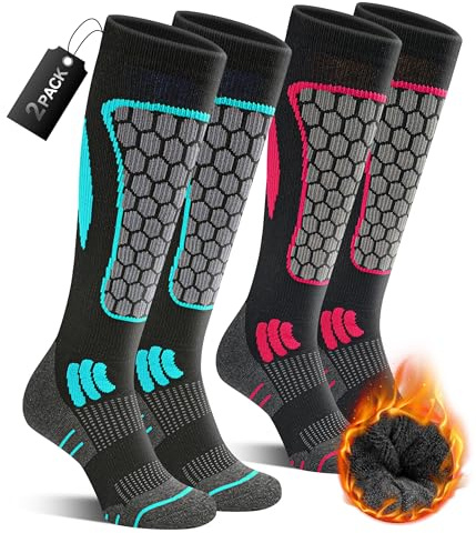 CAOZITOU 2 Pairs Ski Socks for Mens, Merino Wool Thermal Winter High Performance Breathable Warm Thicks Socks for Outdoor Sports Skiing Snowboarding (9-12, LightBluePink)