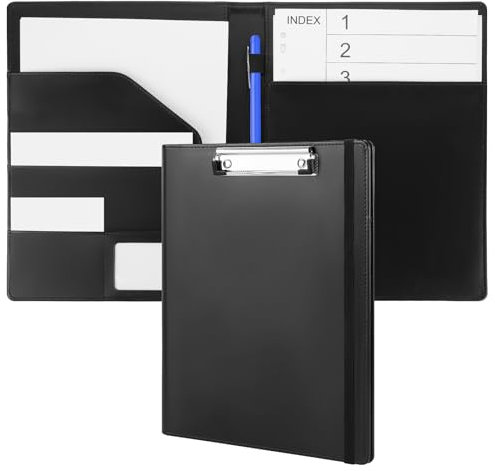 Klemmbrettmappe A4, PU-Leder Schreibmappe Klappbare Konferenzmappe mit Schreibblock Stifthalter Gummiband, Aktenmappe für Schule Bürobedarf (Schwarz)