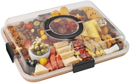 Renmxj Charcuterie Board with Clear Lid, Travel Portable Cheese Board Charcuterie Boxes Cutting Boards for Kitchen, House Warming Gifts New Home, Gifts for Women (Black, 6 Compartments)