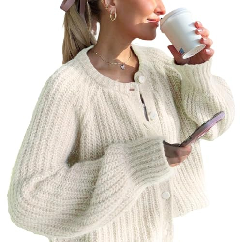 Wyeysyt Womens Cardigan Sweater Button Down Long Sleeve Chunky Soft Knit Sweater Fall Open Front Loose Casual Cardigan Coat(Beige-M)