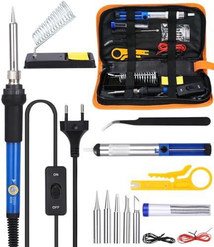 Yulado Lötkolben Set, 16 PCS Lötkolben, Lötset 60W Lötstation mit Temperatur Einstellbar 200-450°C, 5 Lötspitzen, Entlötpumpe, Lötzinn, Pinzette, Lötset für Hausgebrauch.