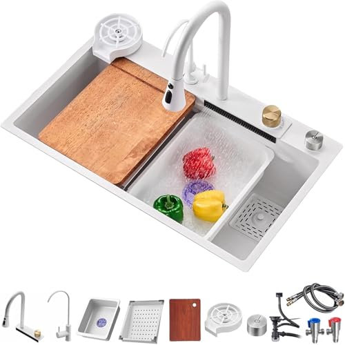 Évier De Cuisine Cascade, Evier Cuisine Multifonction, Lavabo Cuisine, Éviers De Cuisine En Acier Inoxydable 304, Evier De Cuisine Nano Noir Avec Robinetterie Extractible (blanc, 68 x 45 x 20 cm)