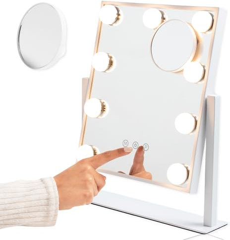 EMINENZA Espejo Maquillaje con Luz Espejo Hollywood 9 Bombillas Led Ajustable Tocador con Luz para Maquillaje de Mesa Espejos para Maquillaje Rotación 360° Control Táctil Lupa Incluida