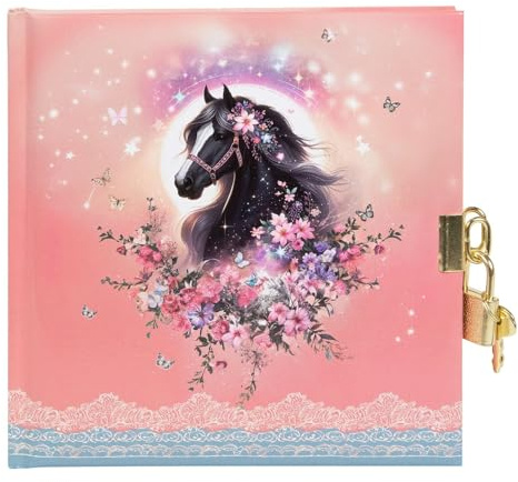 goldbuch 44 141 Luna Journal intime pour enfant, avec 96 pages, bloc-notes verrouillable, avec cadenas et 2 clés, couverture imprimée, env. 16,5 x 16,5 cm, motif de chevaux avec fleurs, rose