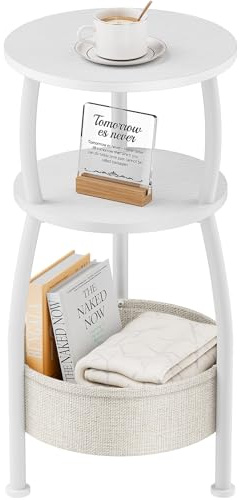 Yuede Small Round Side Table for Living Room with Storage Basket –Small Space Saving End Table 3-Tier Nightstand Couch Corner Stand Bedroom, Garden and More 24in Tall Matte White