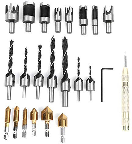 FTVOGUE 23pcs Set di Bit per Trapano a Blocchi di Tipo Artigli, Strumento di Smussatura di Taglieri in Legno con 8 Trapani di Sughero, 7 Trapano a Torsione, 6 Diamante a Placcata in Oro per