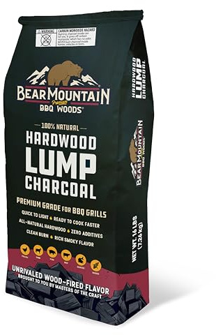 Bear Mountain BBQ Hardwood Lump Charcoal, Premium Grade for BBQ Grills, Quick to Light and Ready to Cook Faster, Rich Smoky Flavor, 16 Pounds