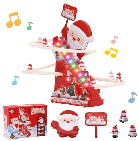 Escalera Tobogán Pista Juguete con 5 Muñecos de Nieve, Luces y Música, Juguete Eléctrico para Subir Escaleras, Montaña Rusa Juguetes, Pista de Carreras para Coches, Regalo para Niños y Niñas 3+ Años